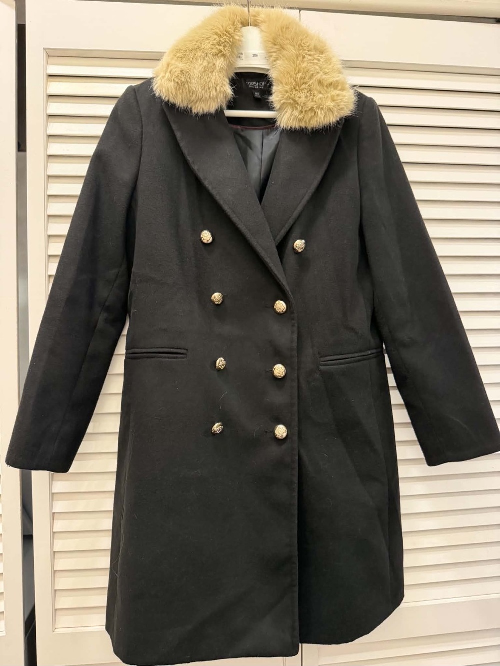 Top Shop Double-Breasted Coat with Faux Fur Collar